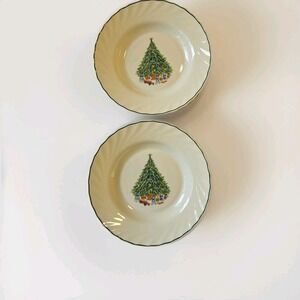 set of 2 House of  Salem NOEL Porcelle Christmas Tree 8 3/4"  Ribbed Soup Bowls